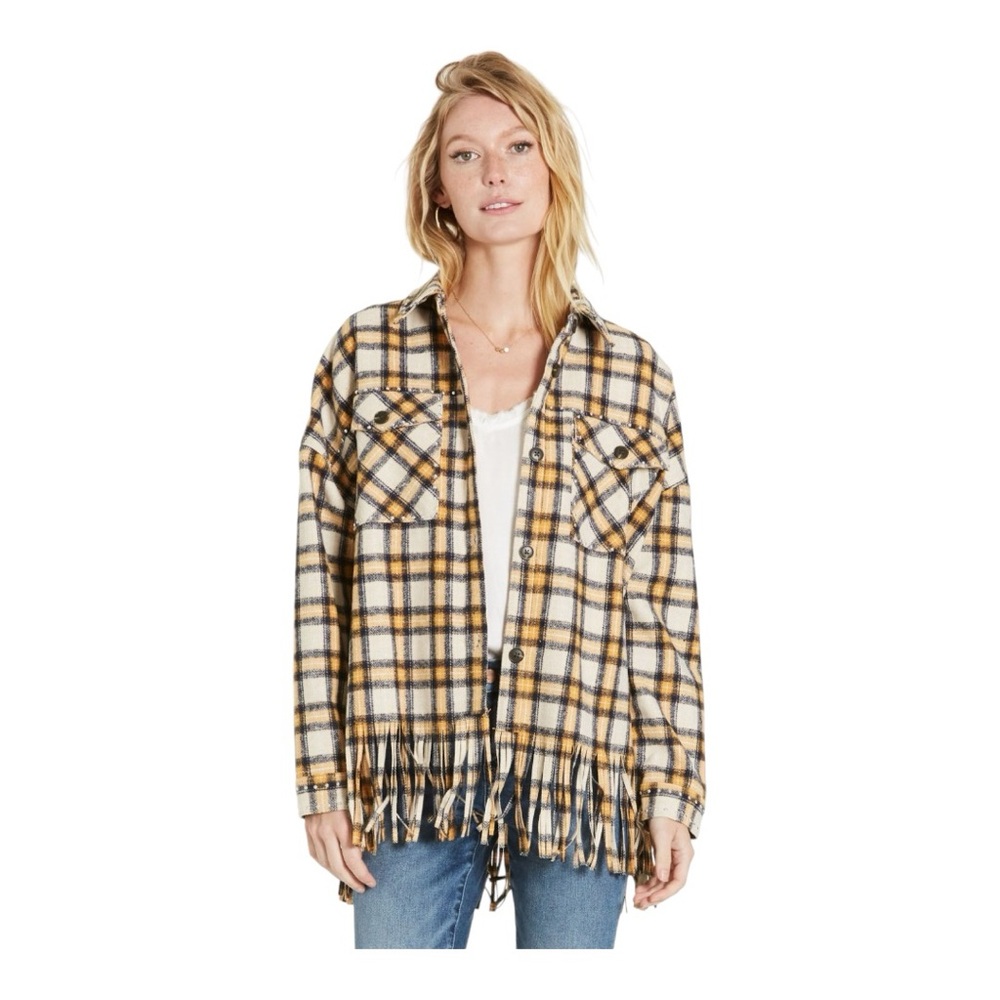 DEAR JOHN Falcon Yellow/Blue Plaid Long Sleeve Button Up Fringed Shacket…